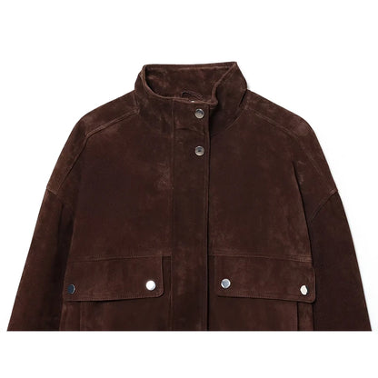 Women's Brown Suede Bomber Jacket with Big Pockets