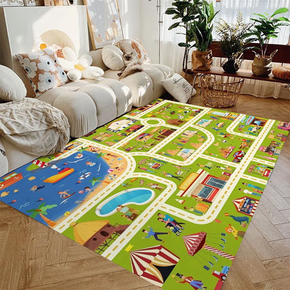 Kids Car Play Mat Rug – City Road Map Non-Slip Playroom Rug