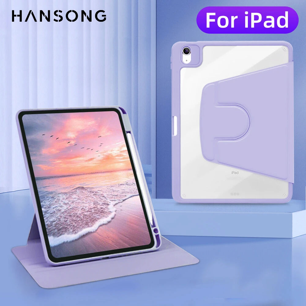 iPad Case 360 Rotatable Transparent Cover – Pro, Air, Mini, 7th–10th Gen