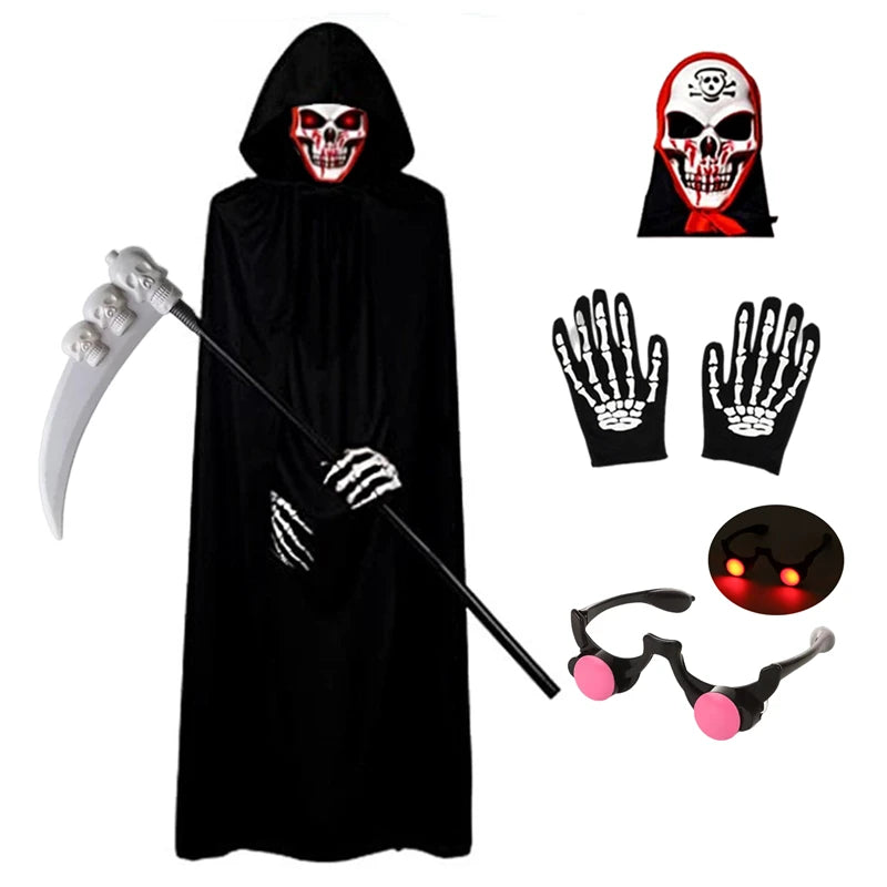 Kids Grim Reaper Halloween Costume Set with Glowing Red Eyes