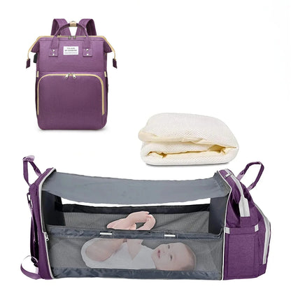 3-in-1 Diaper Bag Backpack with Foldable Baby Bed & USB Charging