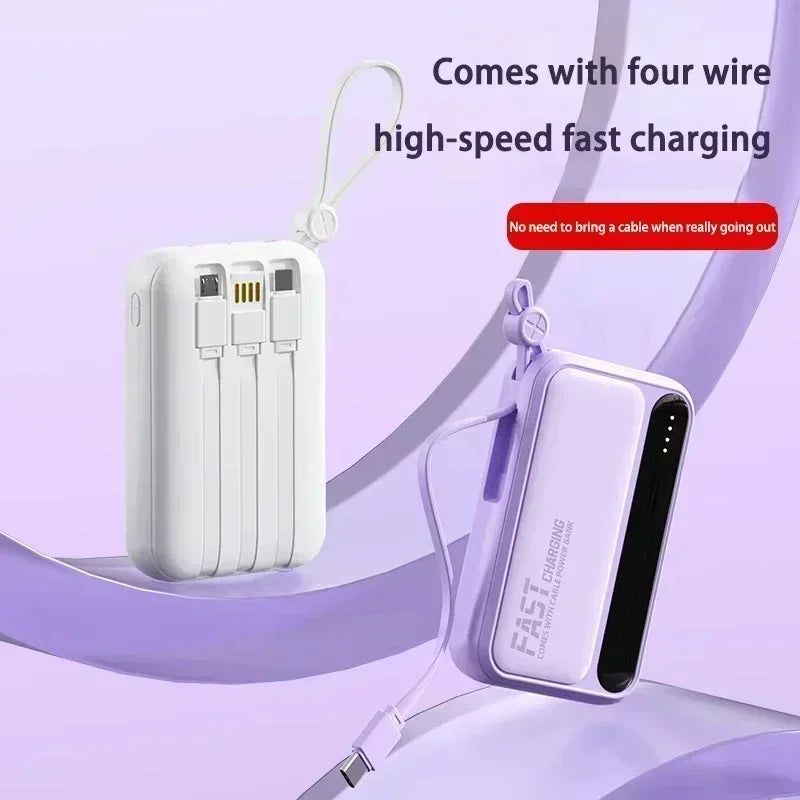 Portable Power Bank with Built-in Cables – Fast Charging 10000–50000mAh