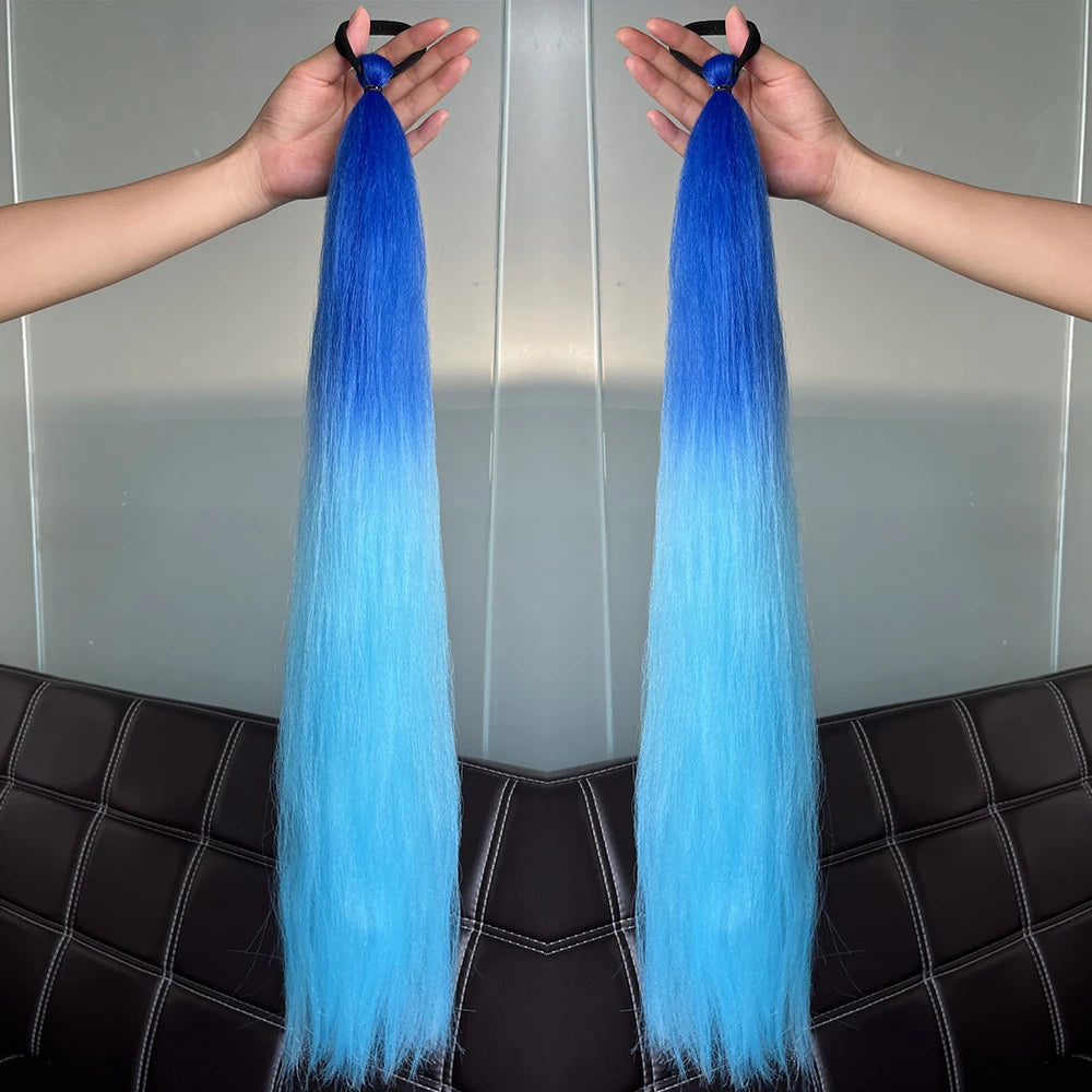 Synthetic Ponytail Hair Extension 2pcs – Long Straight, Colorful, Braiding Hairpiece with Rubber Band