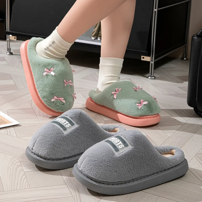 Women's Bow Plush Slippers – Warm Non-Slip Indoor House Shoes