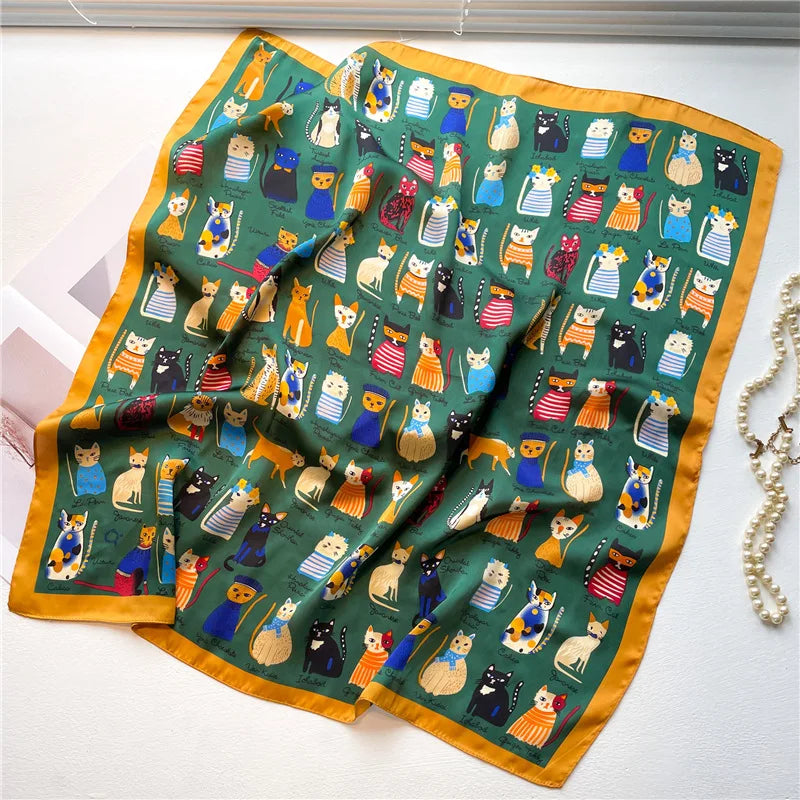 Satin Square Scarf Women Cute Cat Print Headscarf Neckerchief