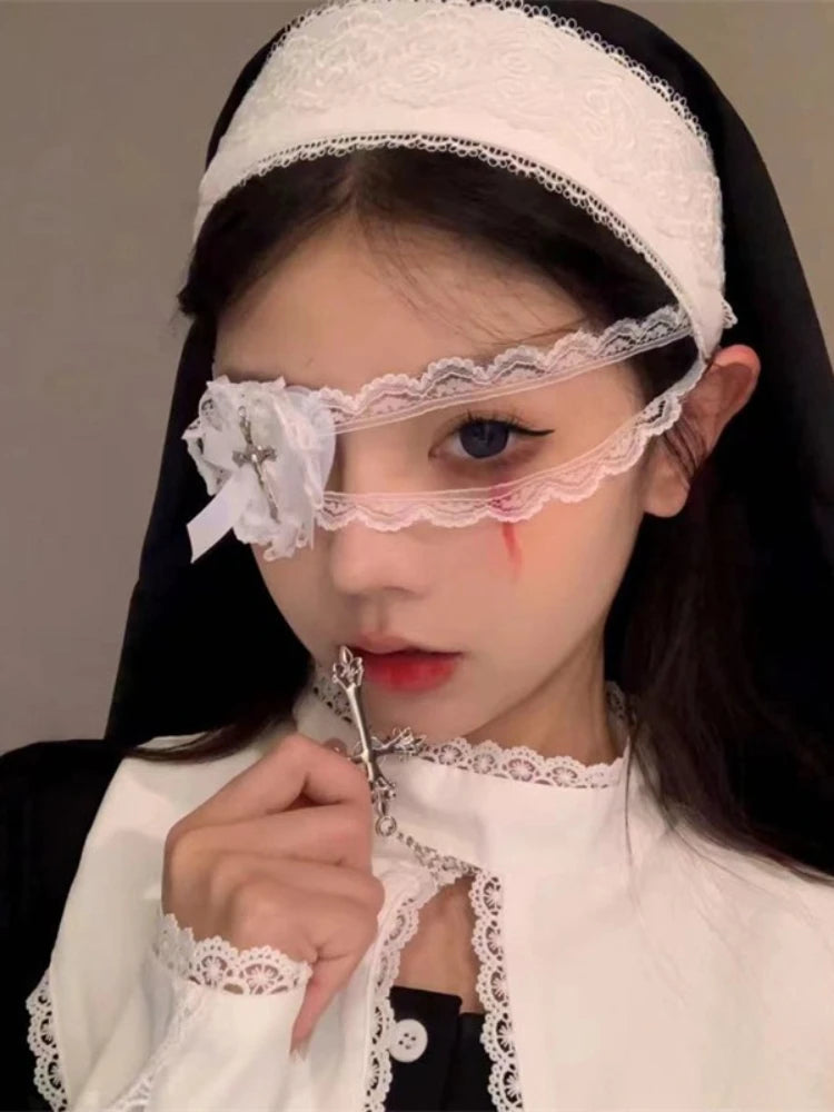 Lace Eye Mask with Cross & Bow – Gothic Lolita Halloween Accessory