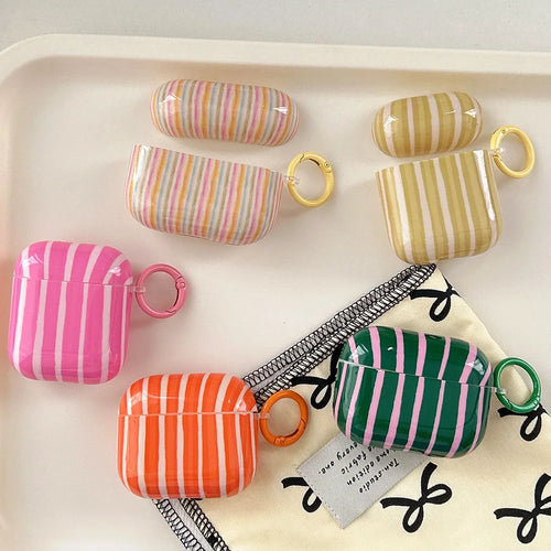 Colorful Striped AirPods Case with Keychain Ring – Summer Style