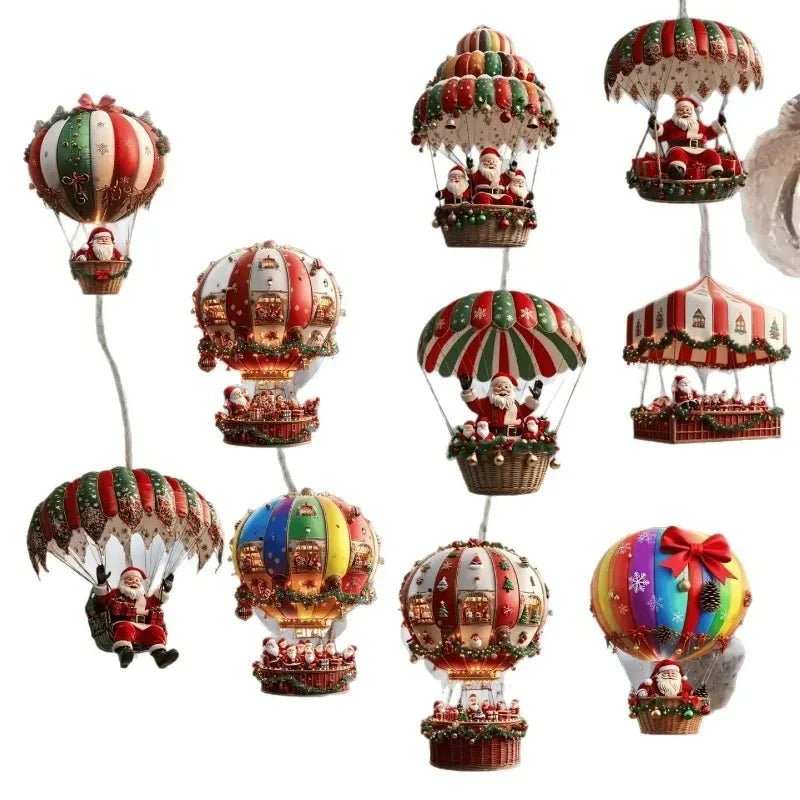 Christmas Santa Hot Air Balloon Acrylic Hanging Ornaments – Set of 10