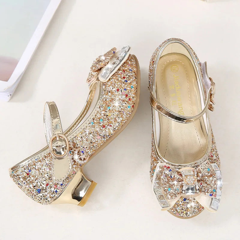 Girls Glitter Dress Shoes with Bow – Kids Low Heel Party Sandals