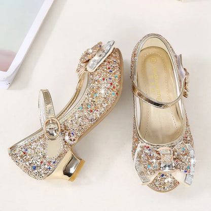 Girls Glitter Dress Shoes with Bow – Kids Low Heel Party Sandals