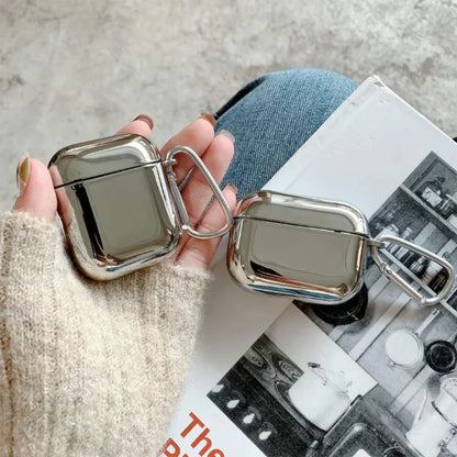Silver Chrome AirPods Case – Electroplated Mirror Cover with Carabiner