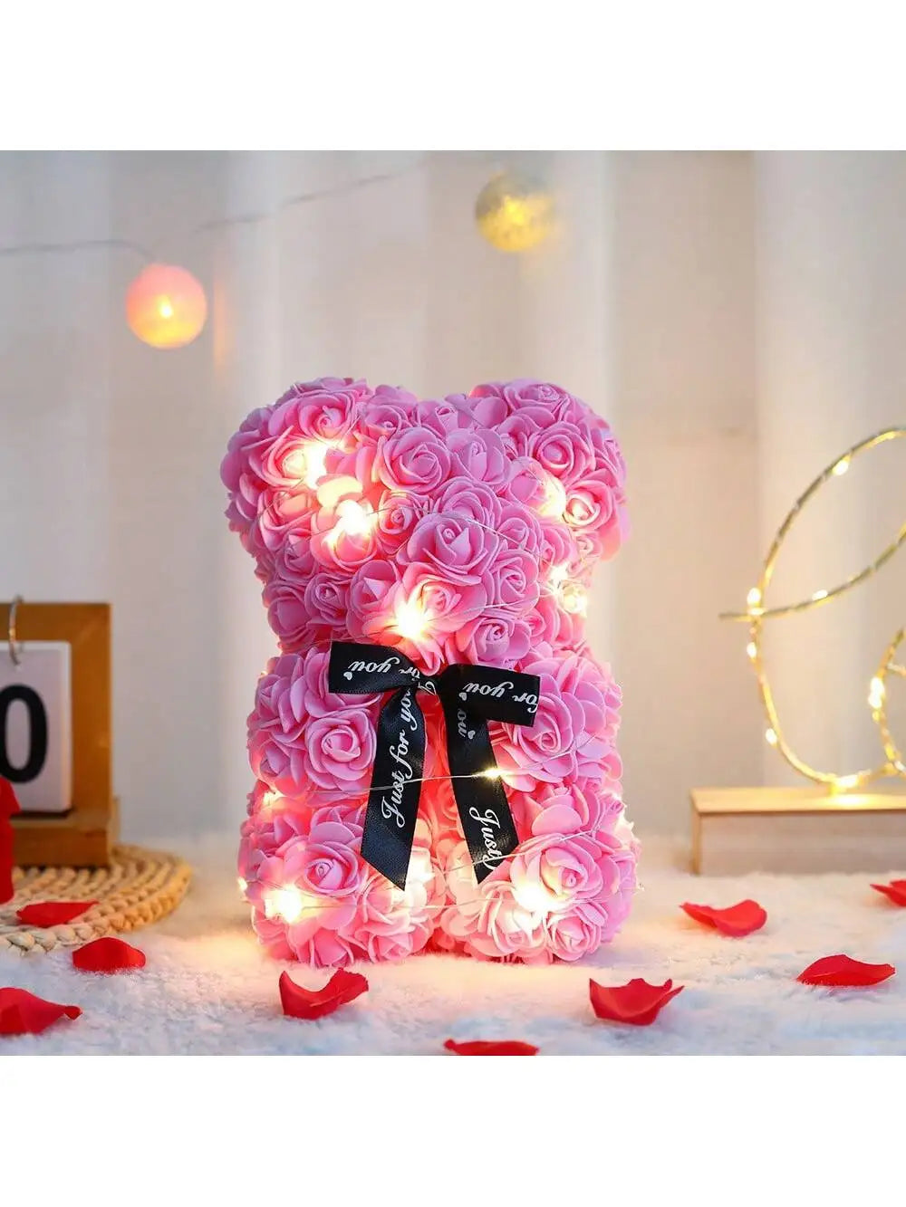 Rose Teddy Bear Gift – Artificial Flower Bear with LED Lights