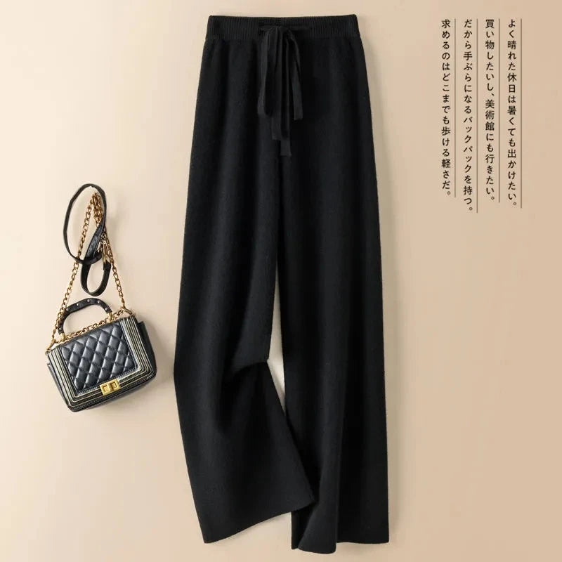 Knit Wide-Leg Pants for Women – Warm Elastic Waist Straight Trousers