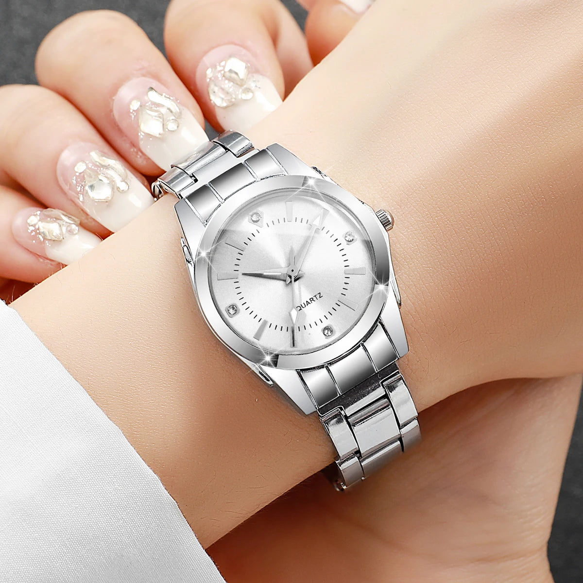 Rhinestone Women's Quartz Watch – Silver Steel Bracelet, No Box