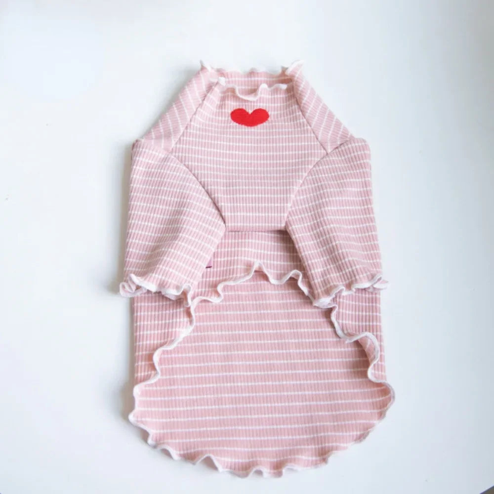 Love Heart Embroidered Pet Shirt – Striped Dog & Cat Top