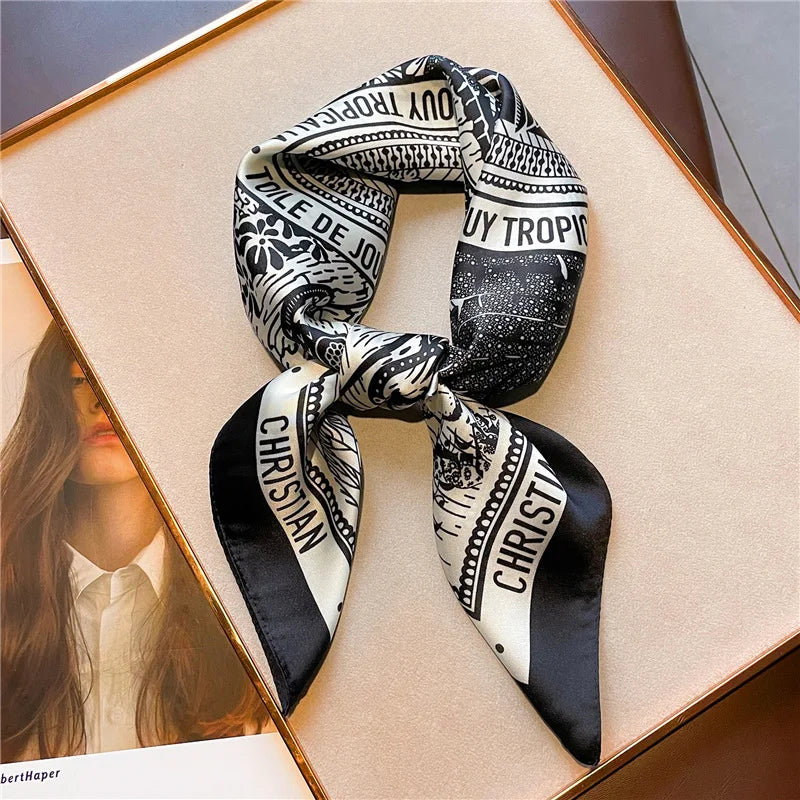 Silk-Feel Square Scarf – Luxury Letter Print Satin Kerchief for Women