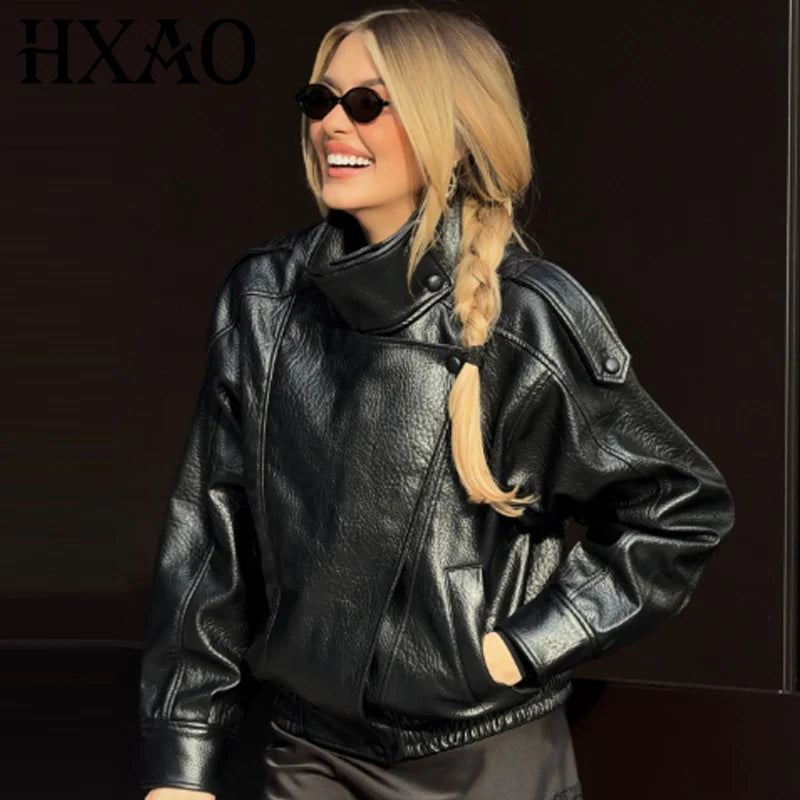 Women's Oversized Faux Leather Bomber Jacket – Zip-Up Cropped Coat