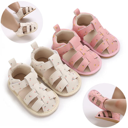 Baby Girl Floral PU Leather Sandals – Anti-Slip First Walker