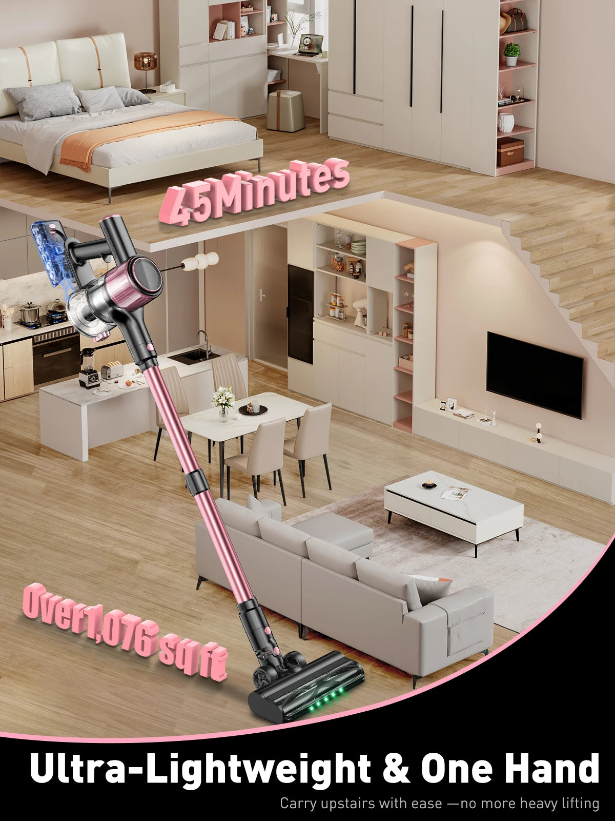 Cordless Stick Vacuum Cleaner 55KPa 500W – 10-in-1 for Home & Pet Hair