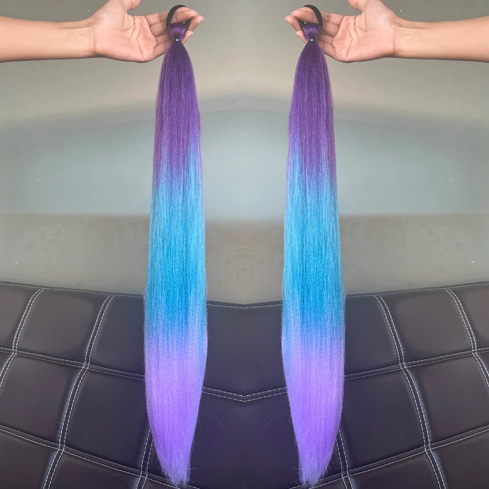 Synthetic Ponytail Hair Extension 2pcs – Long Straight, Colorful, Braiding Hairpiece with Rubber Band