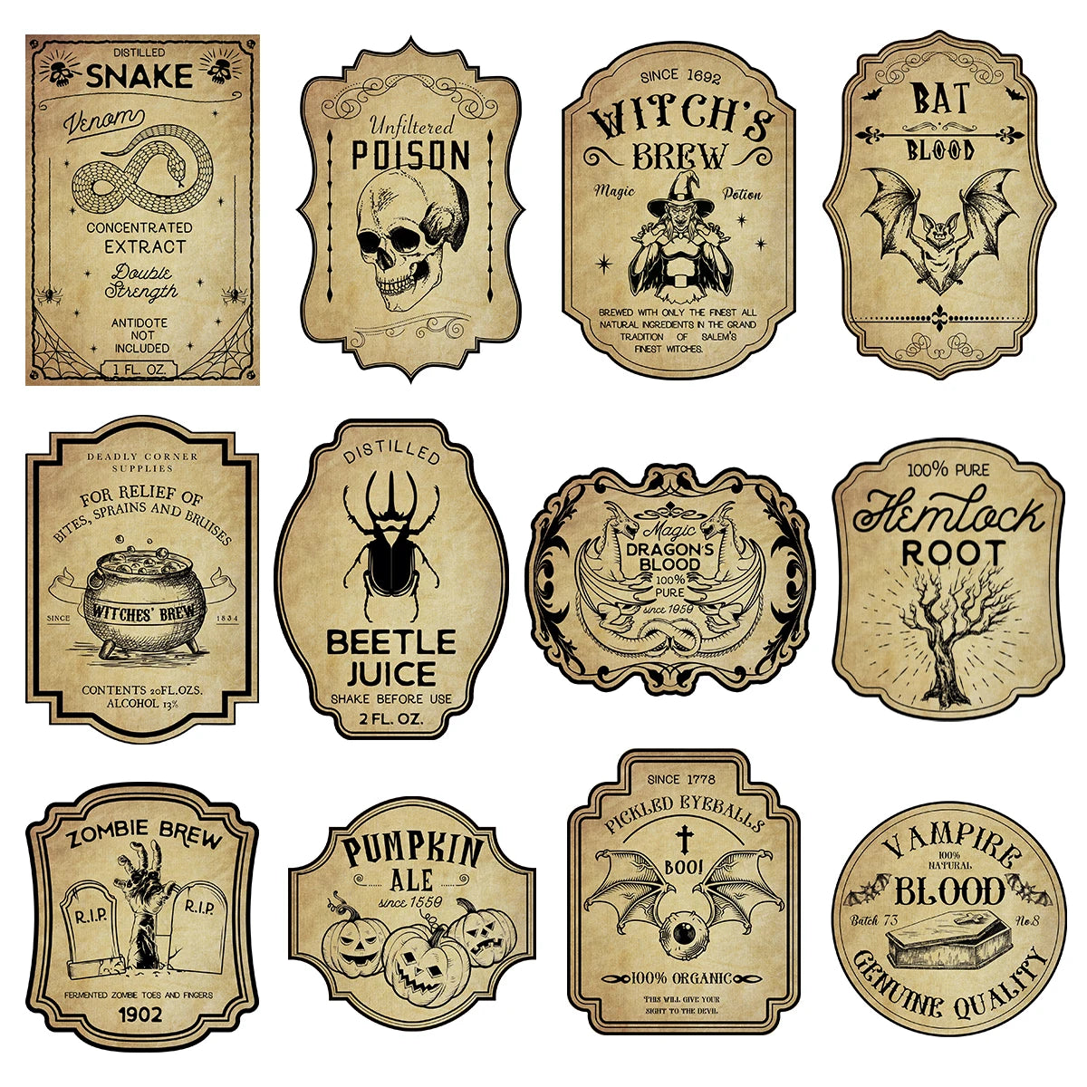 Halloween Wine Bottle Labels – Vintage Gothic Potion Stickers