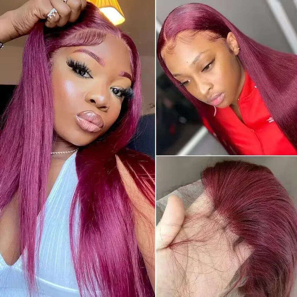 99J Burgundy Straight Human Hair Wig – 13x4 & 13x6 HD Lace Front, 18–46 Inches