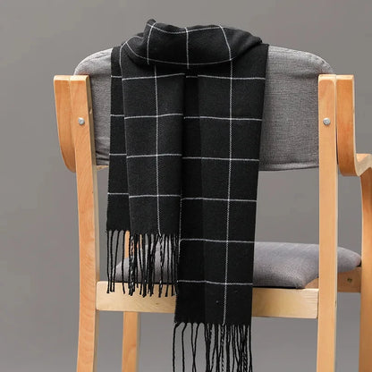 Men's Cashmere Winter Scarf – Plaid Pashmina Neckerchief with Tassels