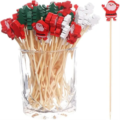 Christmas Bamboo Fruit Picks 50pcs – Festive Disposable Party Skewers