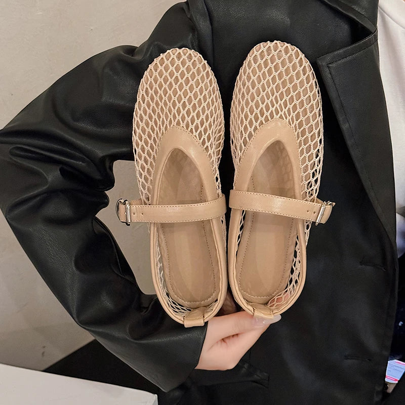 Women's Breathable Mesh Mary Jane Flats – Buckle Strap Casual Shoes