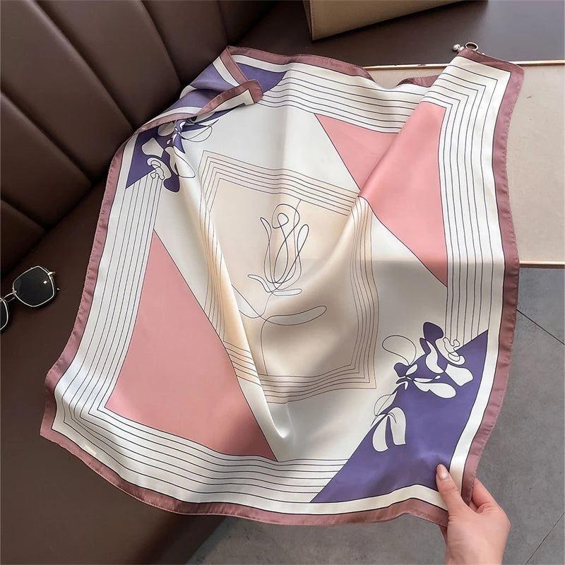 Satin Square Scarf Women Cute Cat Print Headscarf Neckerchief