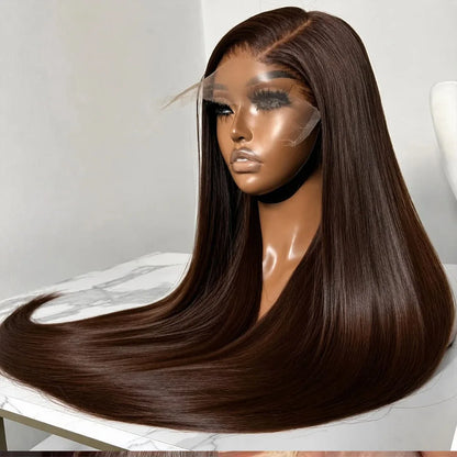 Chocolate Brown 13x4 Lace Front Human Hair Wig – Straight, Pre-Plucked, 16–34 Inch