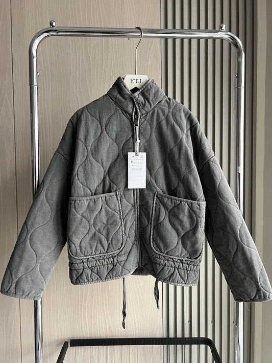 Women's Quilted Padded Jacket – Vintage Stand Collar Zip-Up Coat