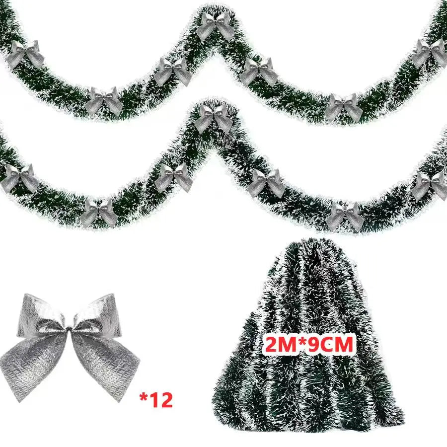 Christmas Tinsel Garland with Bows – Snow-Tipped Xmas Tree Ribbon Decoration