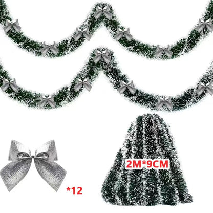 Christmas Tinsel Garland with Bows – Snow-Tipped Xmas Tree Ribbon Decoration