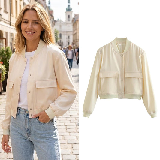 Women's Bomber Jacket with Pockets – Single Breasted Long Sleeve Coat