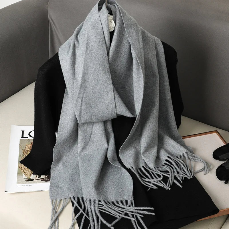 Women's Solid Cashmere Winter Scarf with Tassels – Warm Shawl Pashmina