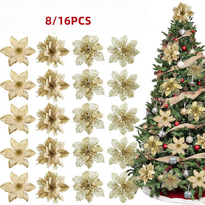 Glitter Artificial Christmas Poinsettia Flowers – 8 or 16 Piece Set