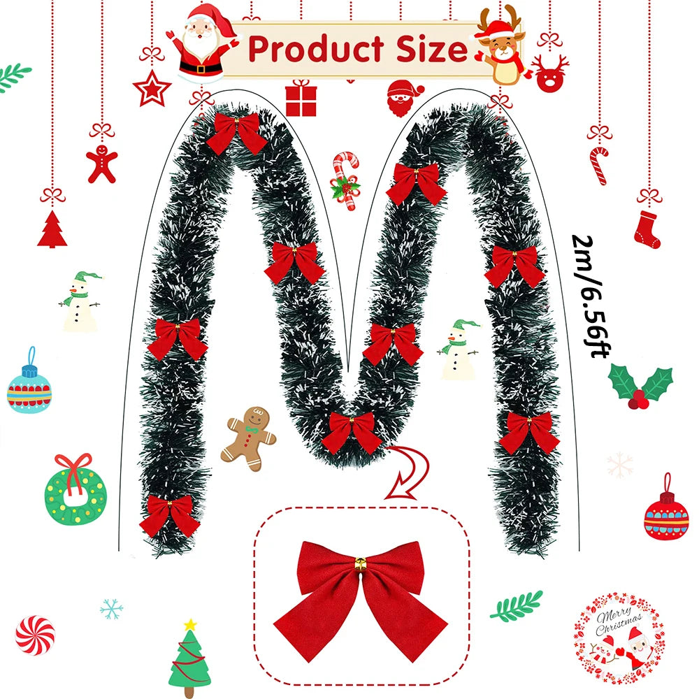 Christmas Garland with Red Bows – Artificial Tinsel Decoration
