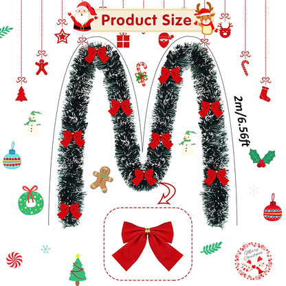 Christmas Garland with Red Bows – Artificial Tinsel Decoration