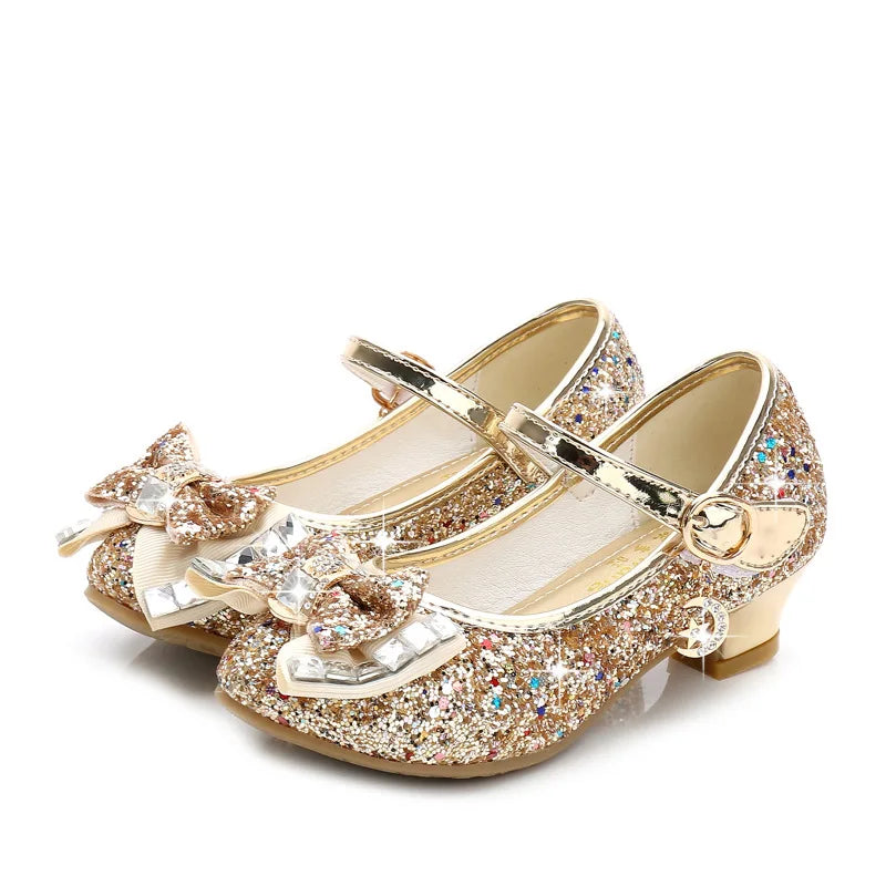 Girls Glitter Dress Shoes with Bow – Kids Low Heel Party Sandals