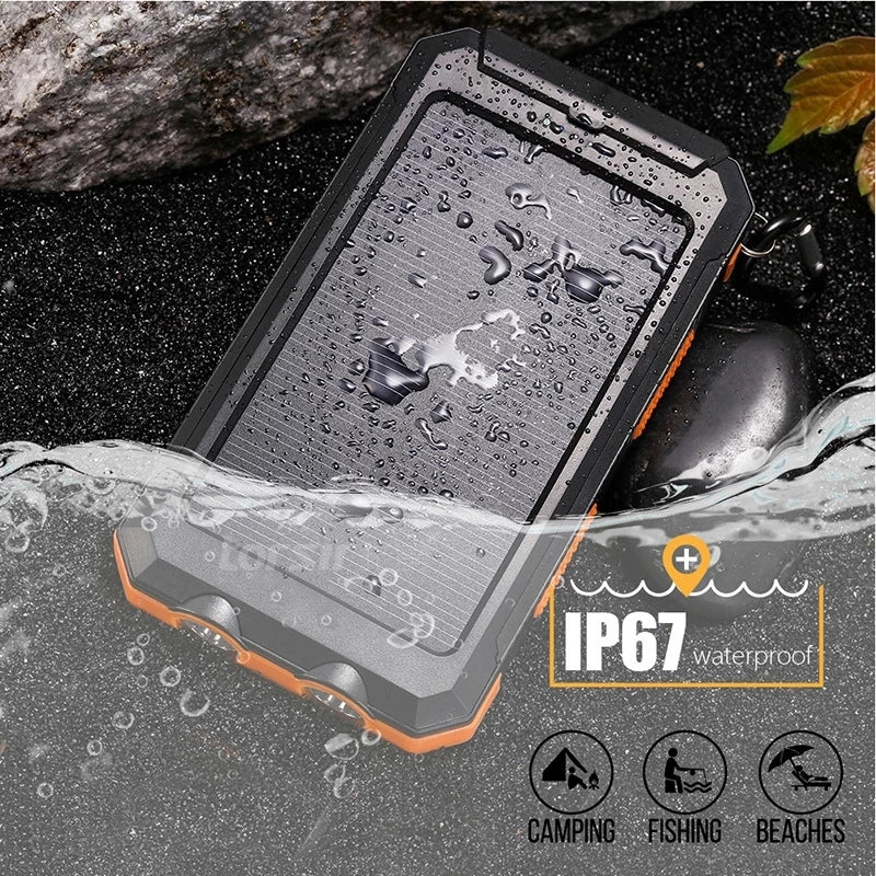 Solar Power Bank 80000mAh Portable Charger with LED Flashlight & Carabiner