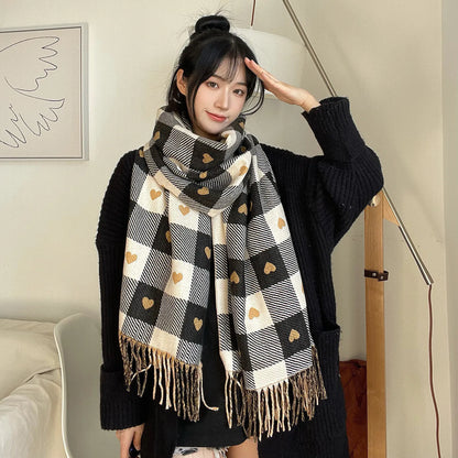 Cashmere Winter Scarf for Women – Bear Print Plaid Shawl with Tassel