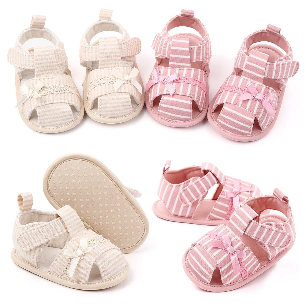 Baby Girl Cotton Sandals – Breathable Bow Toe-Covered 0–18 Months