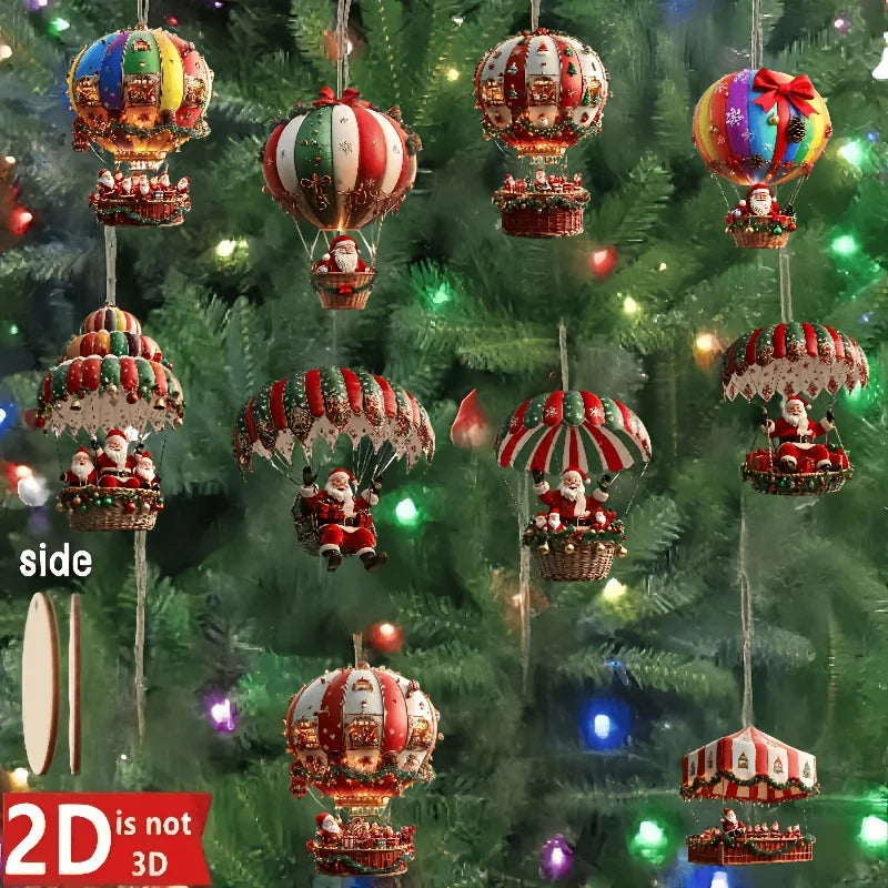 Christmas Wooden Air Balloon Ornaments – 10 Pcs Santa Claus Tree Pendants