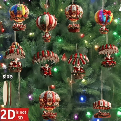 Christmas Wooden Air Balloon Ornaments – 10 Pcs Santa Claus Tree Pendants