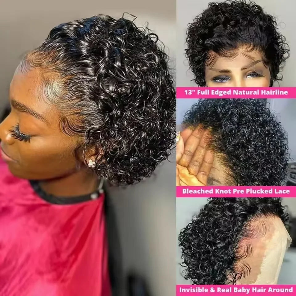 Pixie Cut Curly Human Hair Wig – 13x1 Transparent Lace Front Short Bob