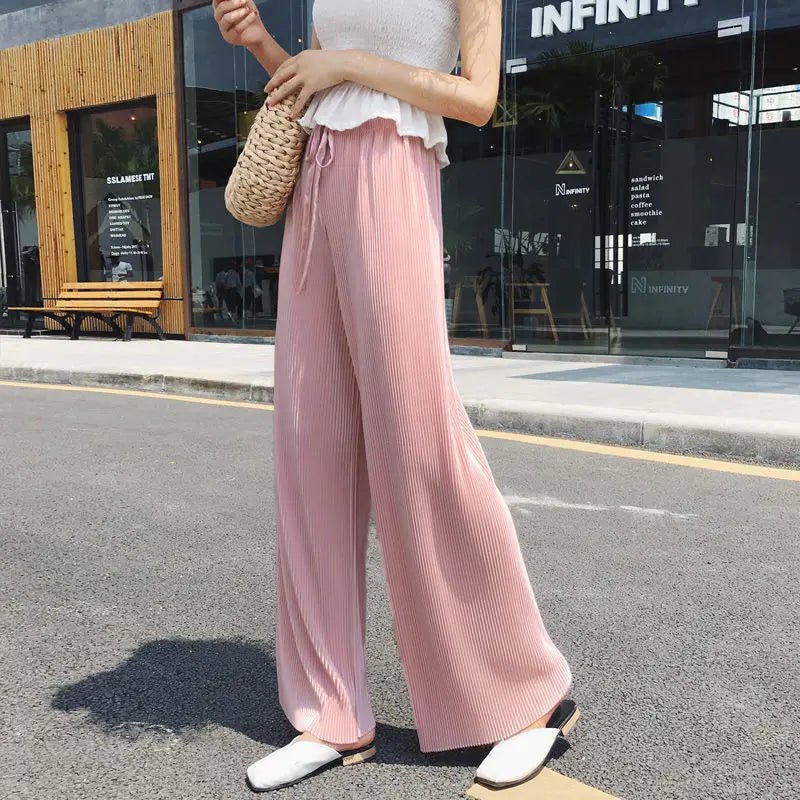 Wide Leg Pants for Women – Pleated Ice Silk Elastic Waist