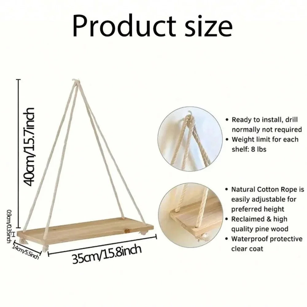Wood Hanging Rope Swing Shelf – Wall Mounted Floating Shelf