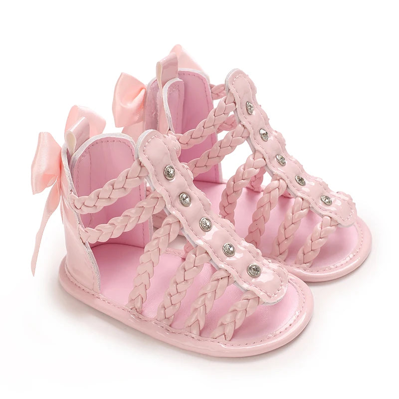 Baby Girl Roman Woven Sandals – Rivet Bow Open Toe 0–18 Months
