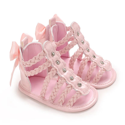 Baby Girl Roman Woven Sandals – Rivet Bow Open Toe 0–18 Months
